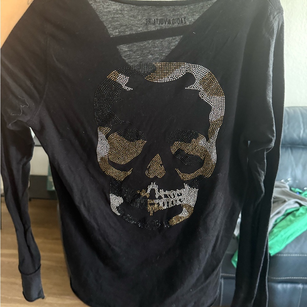 Zadig Voltaire Black and Gold Skull Graphic Women's Top